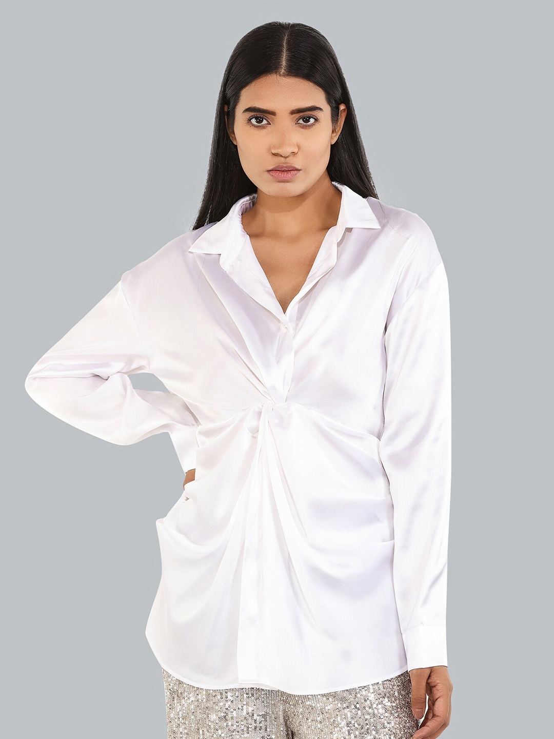 

ATTIC SALT White Satin Georgette Shirt Style Top