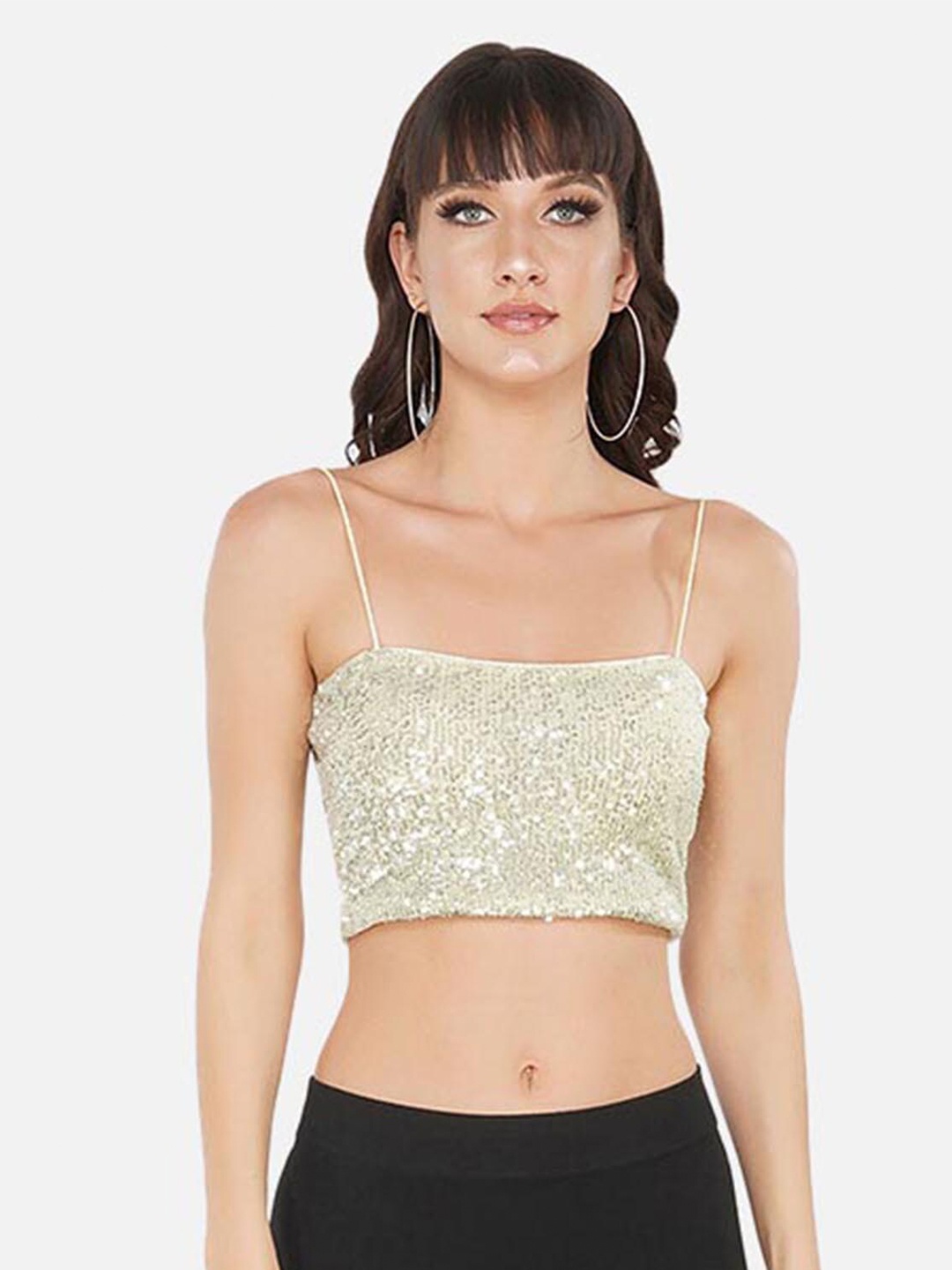 

ATTIC SALT Yellow Embellished Georgette Fitted Crop Top