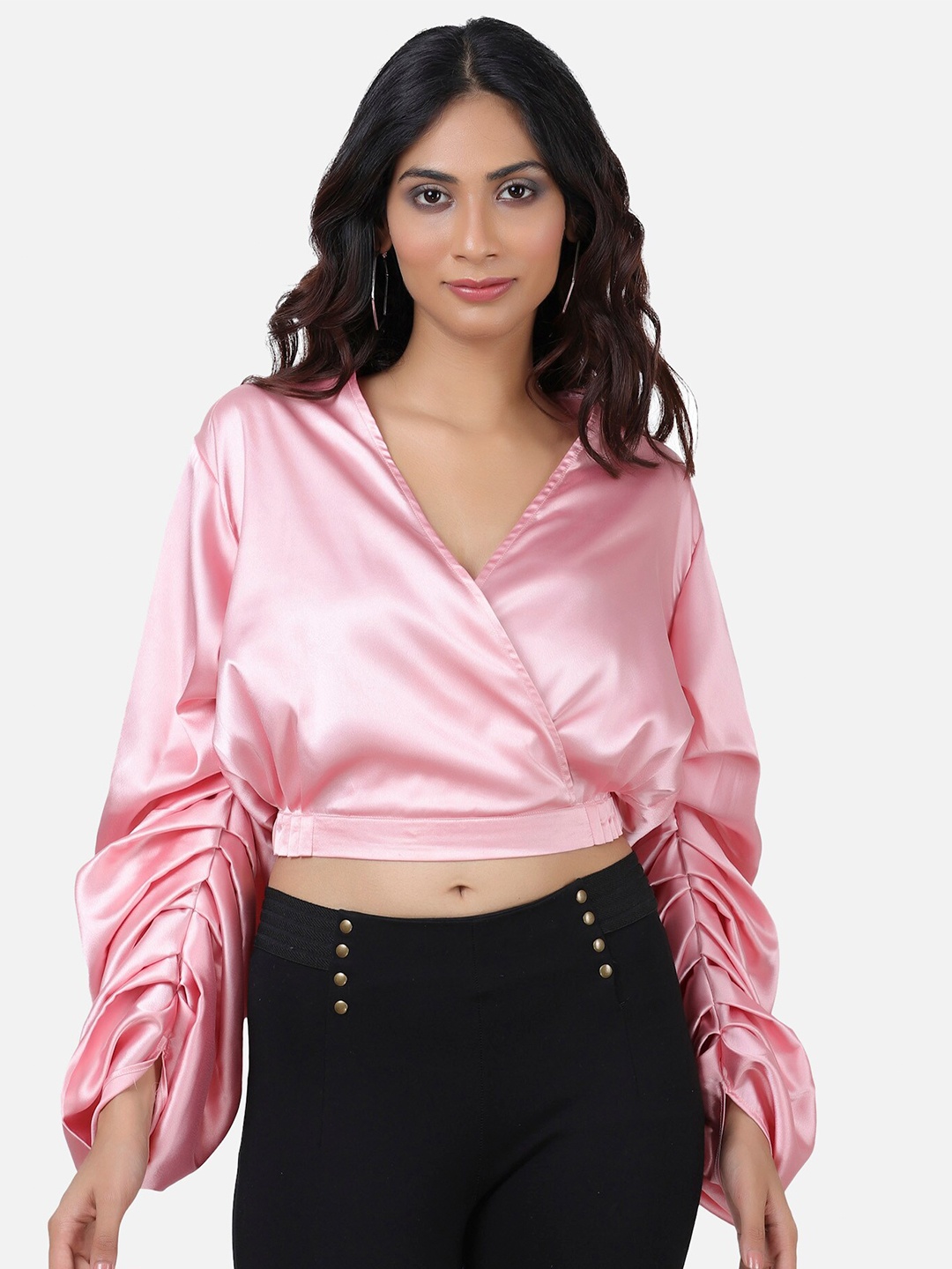 

ATTIC SALT Pink Georgette Wrap Crop Top