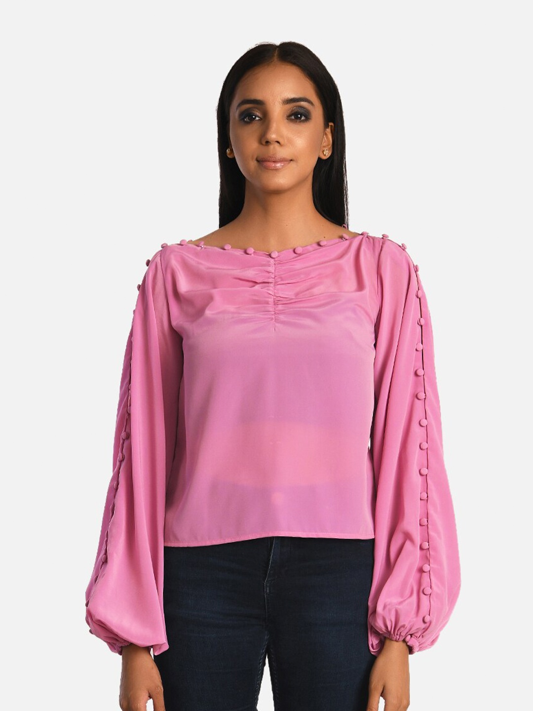 

ATTIC SALT Pink Bishop Sleeves Georgette Regular Top