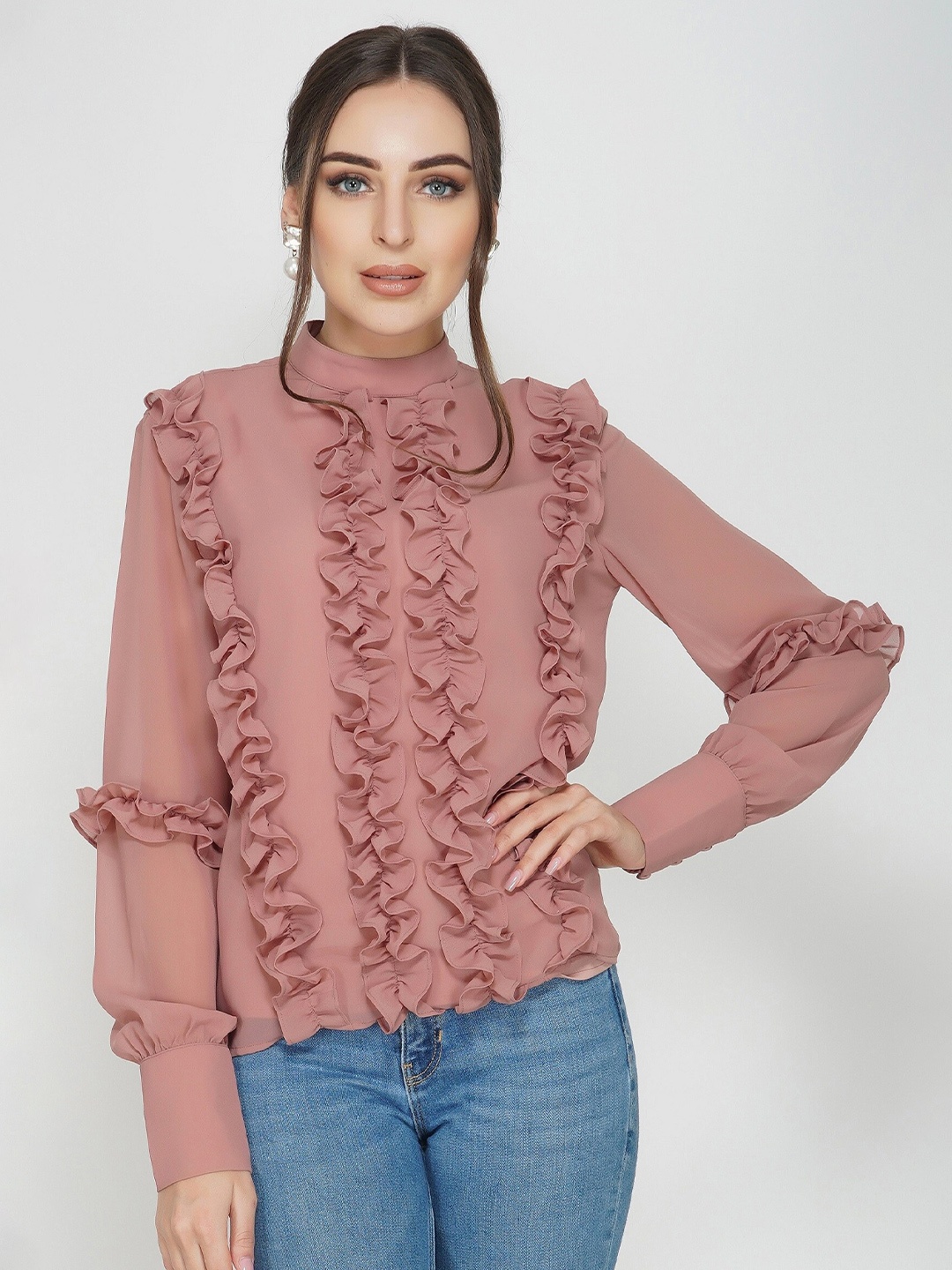 

ATTIC SALT Women Pink Georgette Ruffle Top