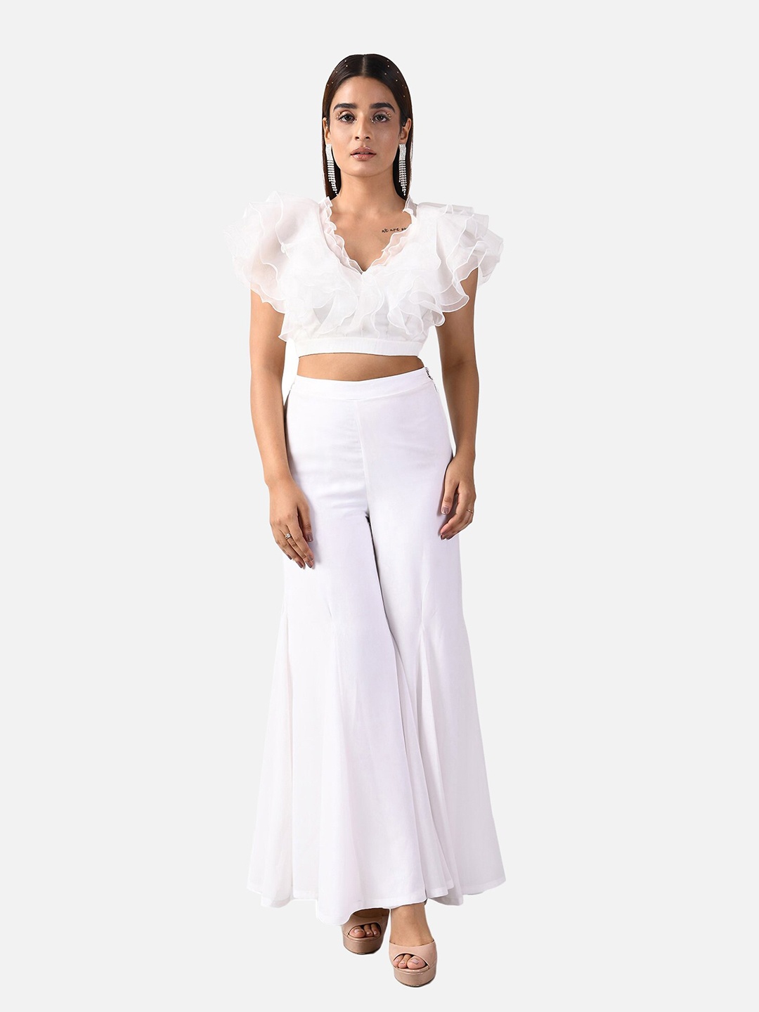 

ATTIC SALT Women White Ruffles Georgette Crop Top