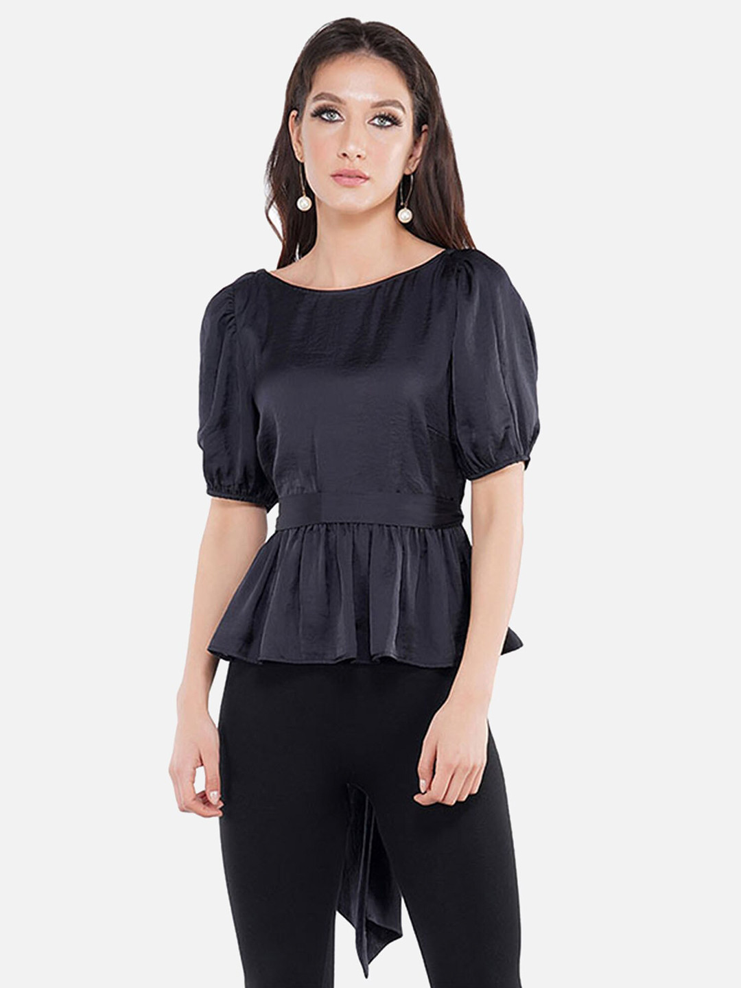 

ATTIC SALT Women Black Solid Square Neck Peplum Top