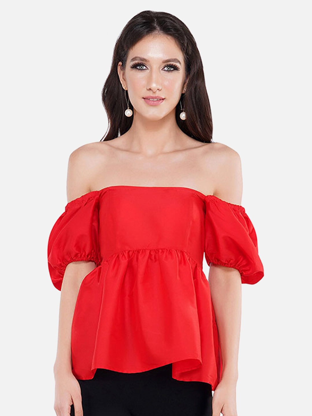 

ATTIC SALT Women Red Off-Shoulder Georgette Top