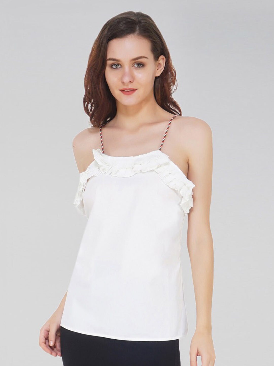 

ATTIC SALT Women White Georgette Styled Back Frill Camisole Top