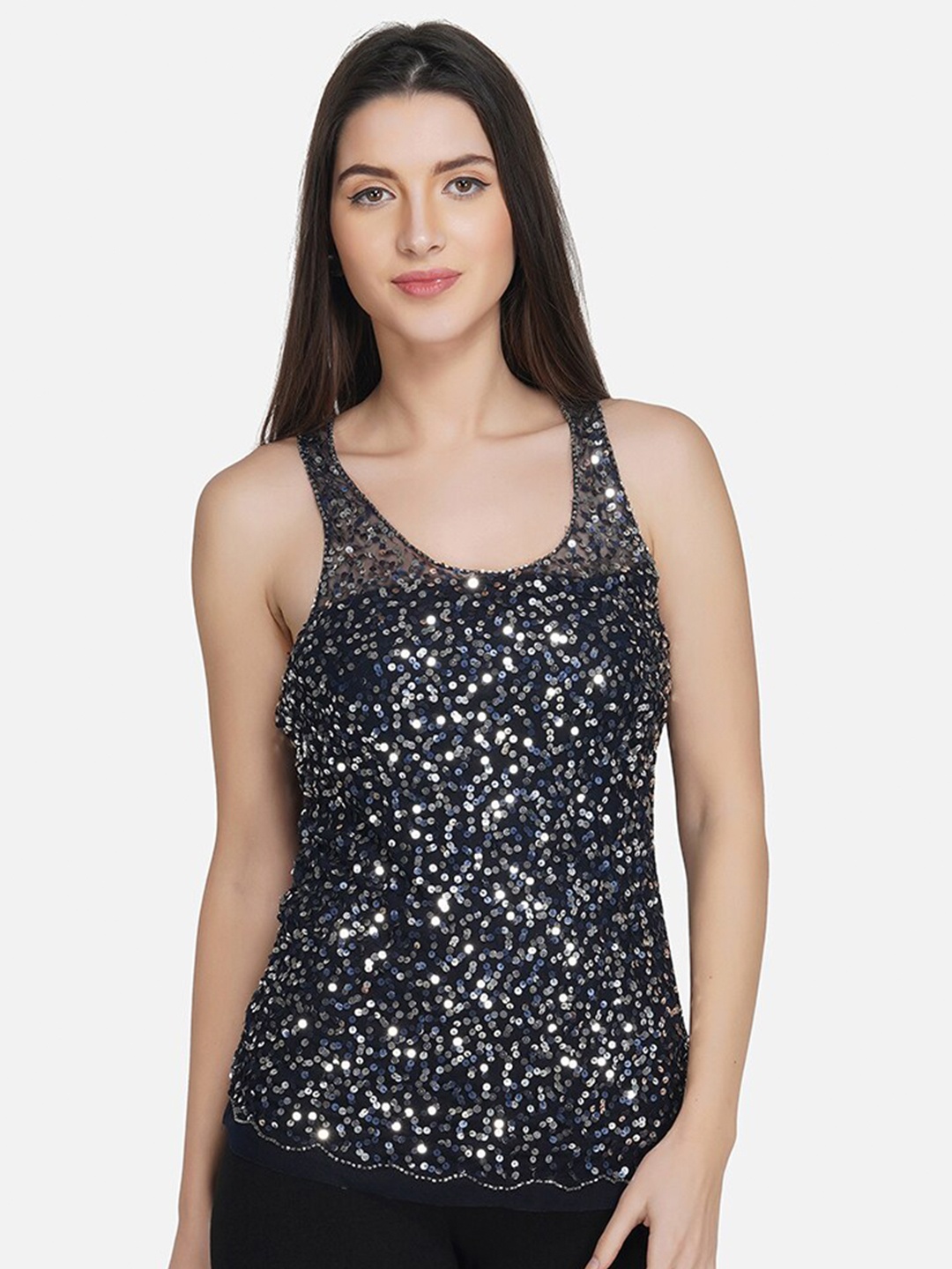 

ATTIC SALT Women Blue Embellished Georgette Tank Top