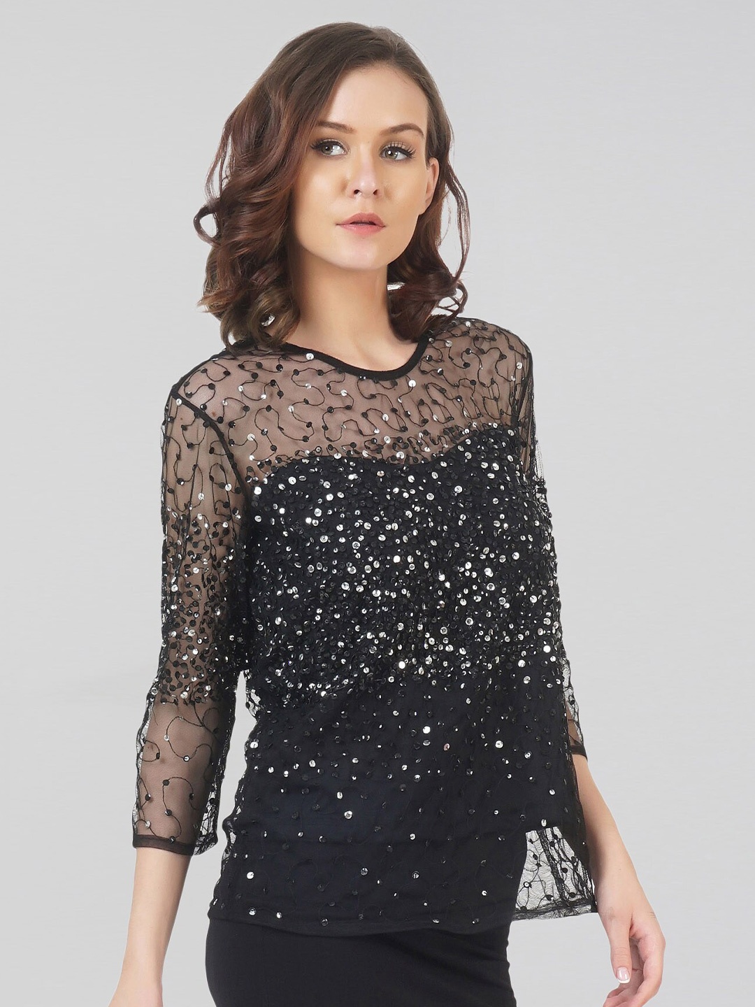 

ATTIC SALT Women Black Embellished Sequin Shimmer Tulle Top