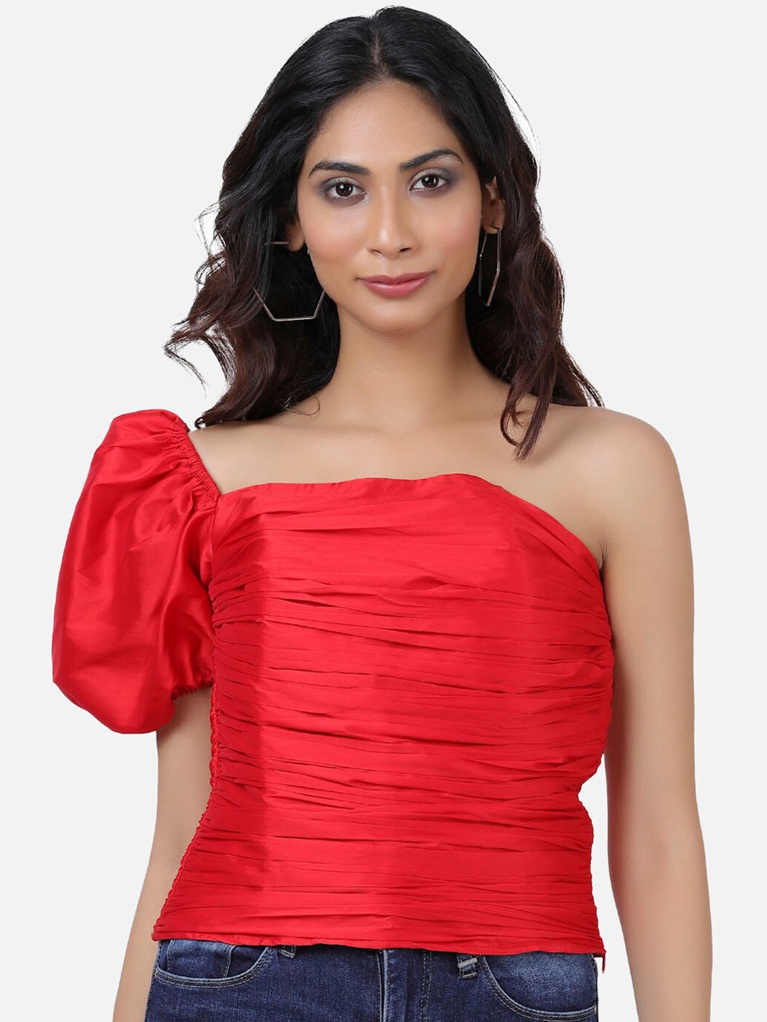 

ATTIC SALT Women Red One Shoulder Georgette Taffeta Top