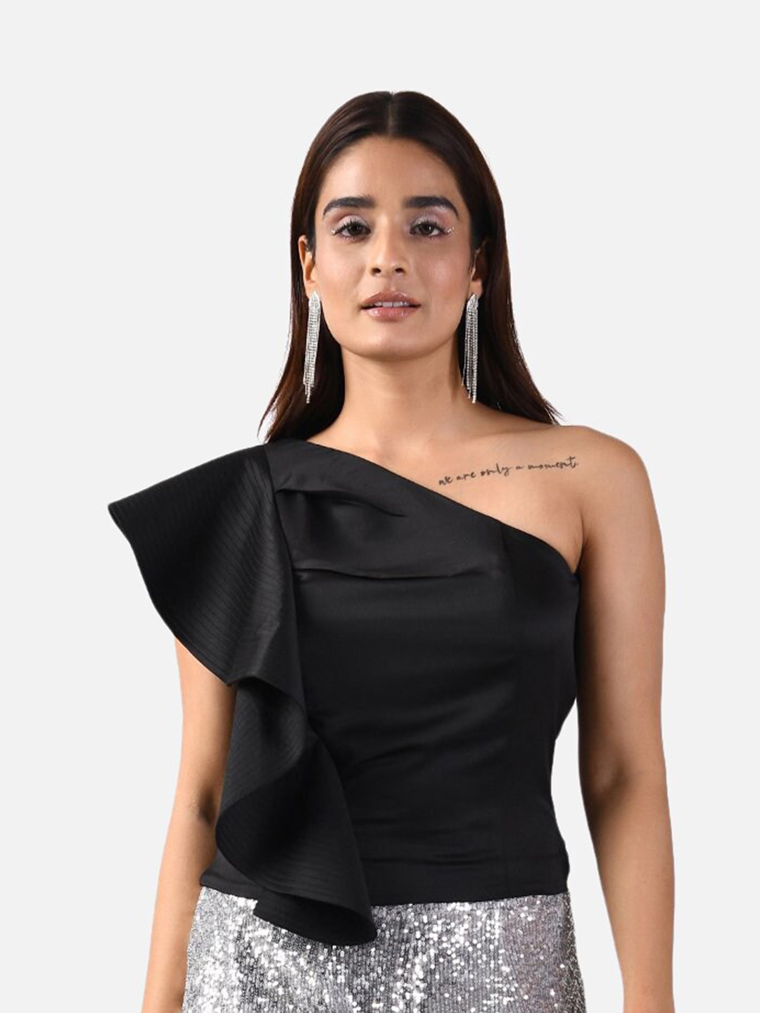 

ATTIC SALT Women Black One Shoulder Georgette Draped Top