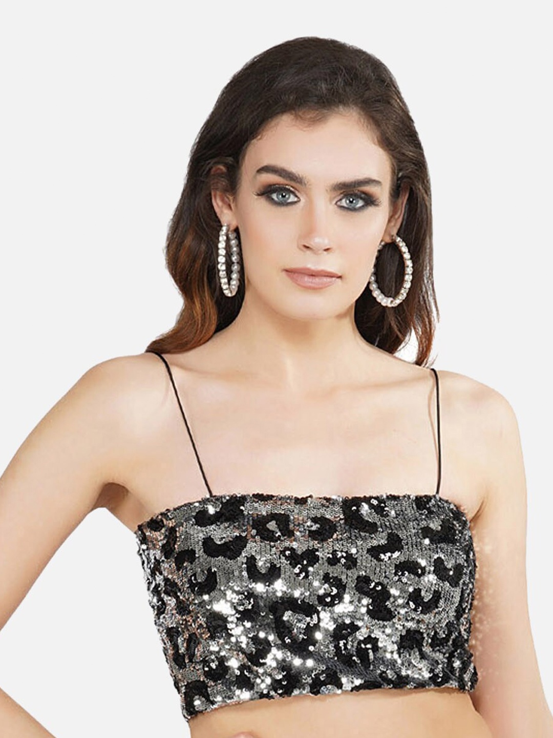 

ATTIC SALT Black & Silver Leopard Sequined Georgette Bralette Crop Top