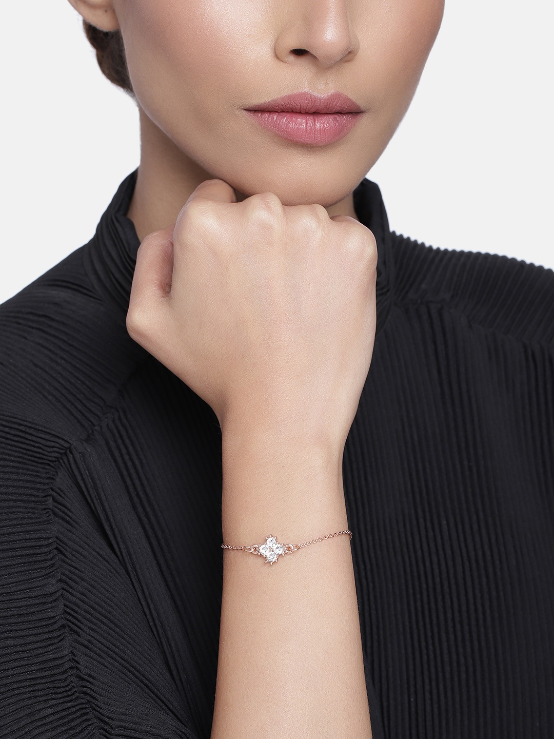

Estele Women Rose Gold & White Crystals Handcrafted Rose Gold-Plated Link Bracelet