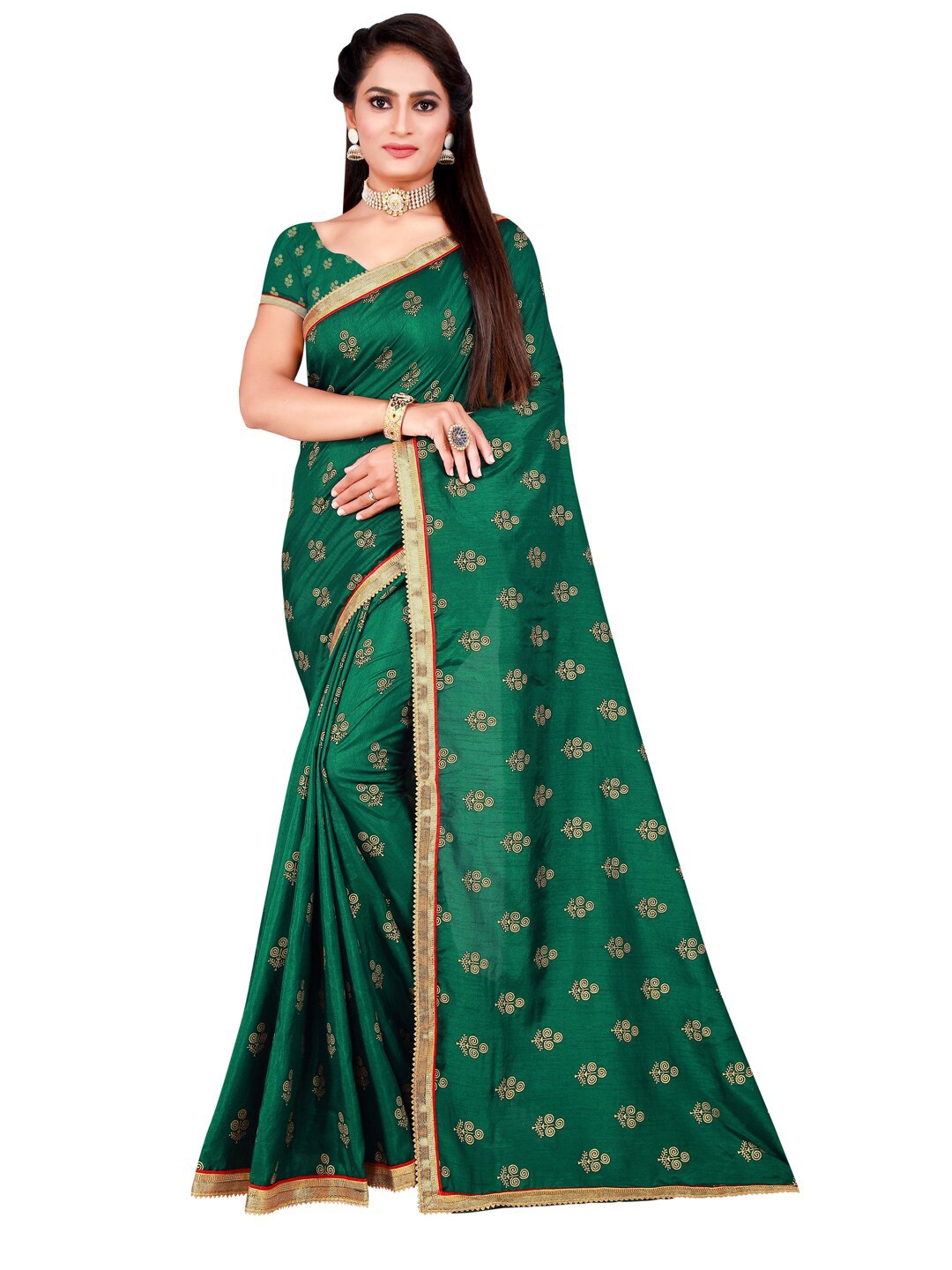 

KALINI Green & Gold-Toned Floral Zari Silk Blend Saree