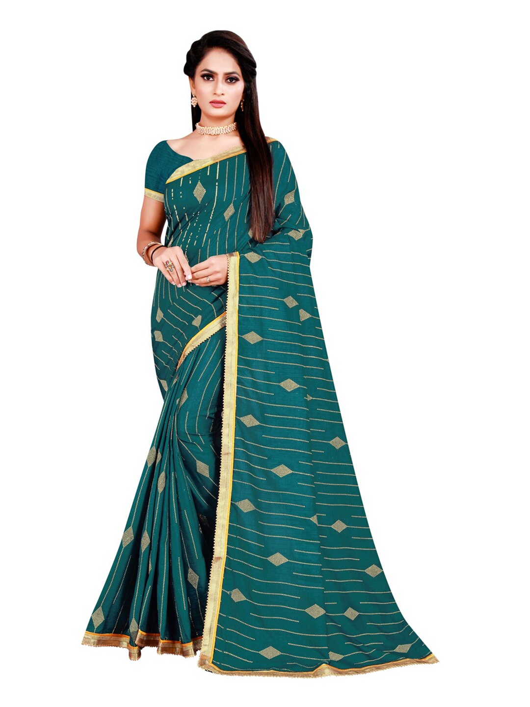 

KALINI Teal & Gold-Coloured Foil Printed Silk Blend Saree