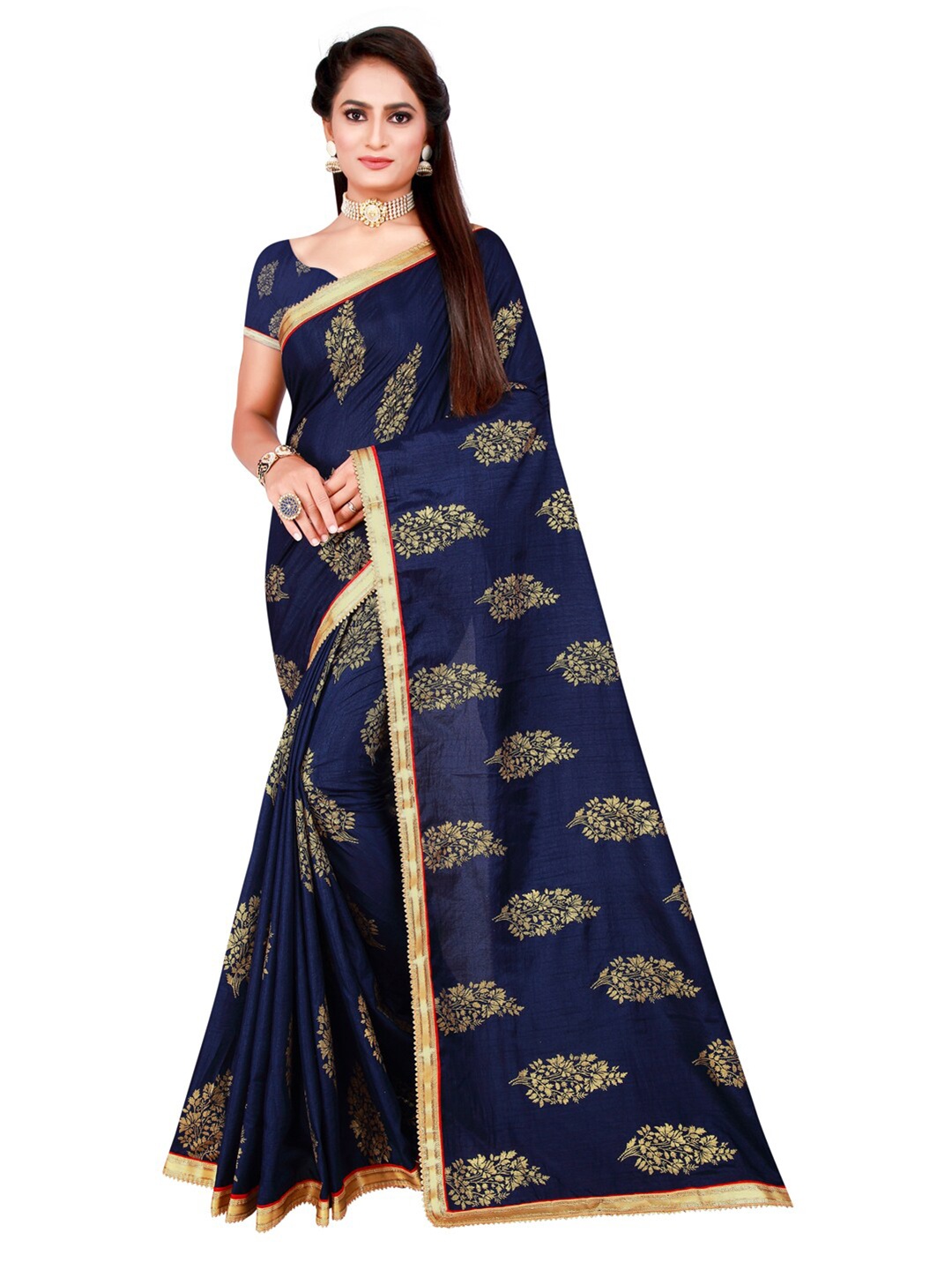 

KALINI Navy Blue & Gold-Toned Ethnic Motifs Printed Saree
