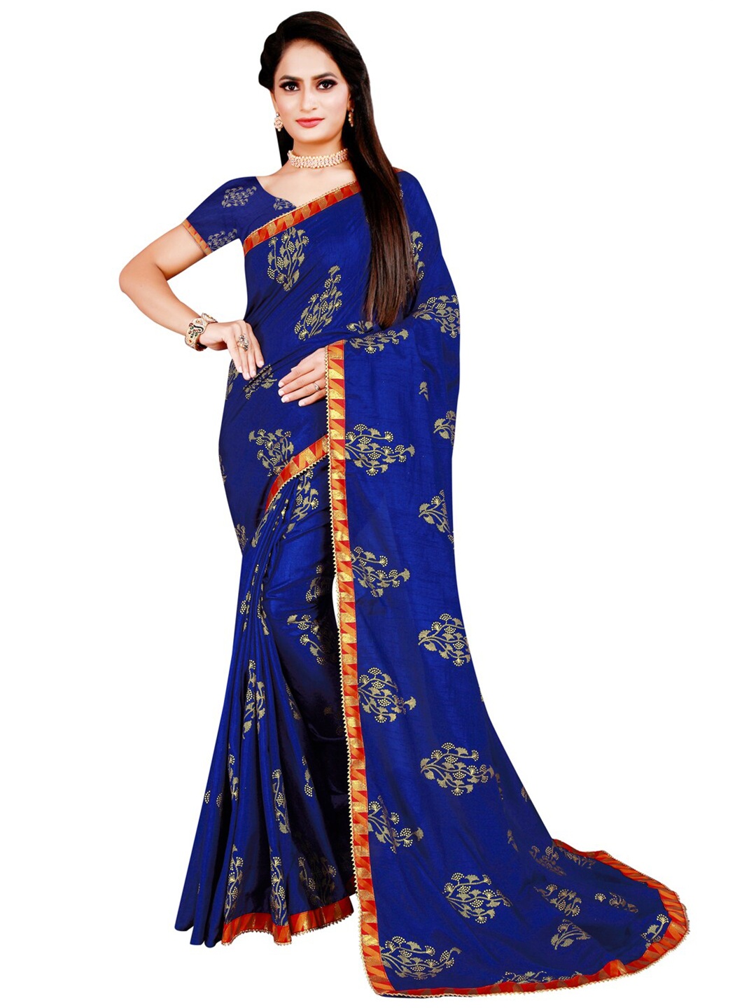 

KALINI Blue & Gold-Toned Floral Silk Blend Saree