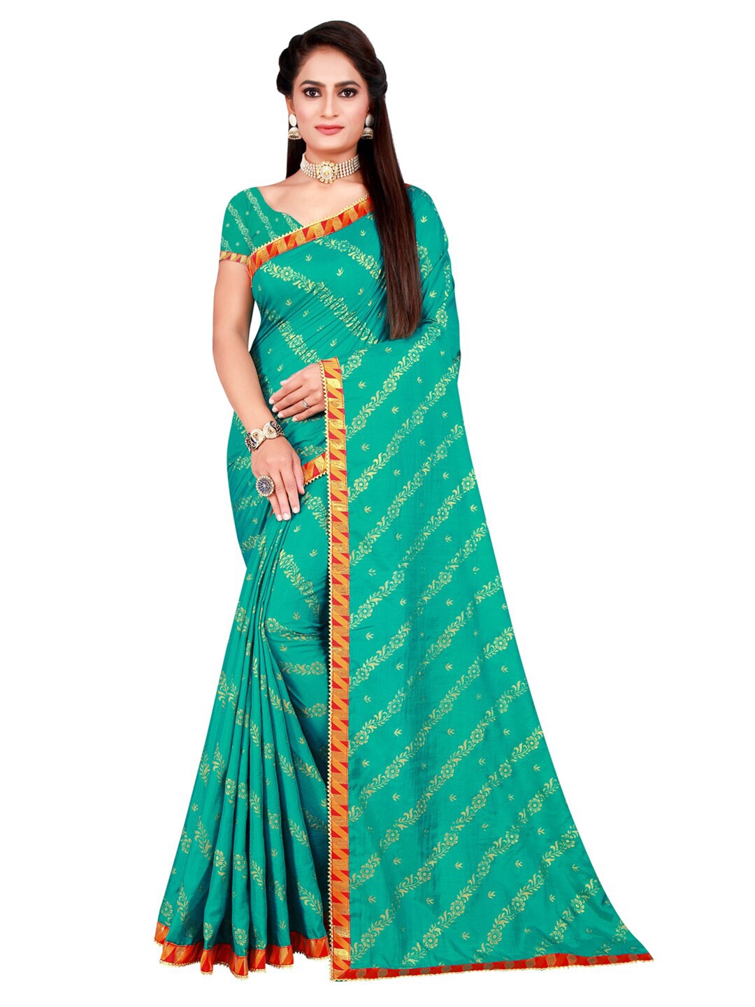 

KALINI Green & White Floral Zari Silk Blend Saree