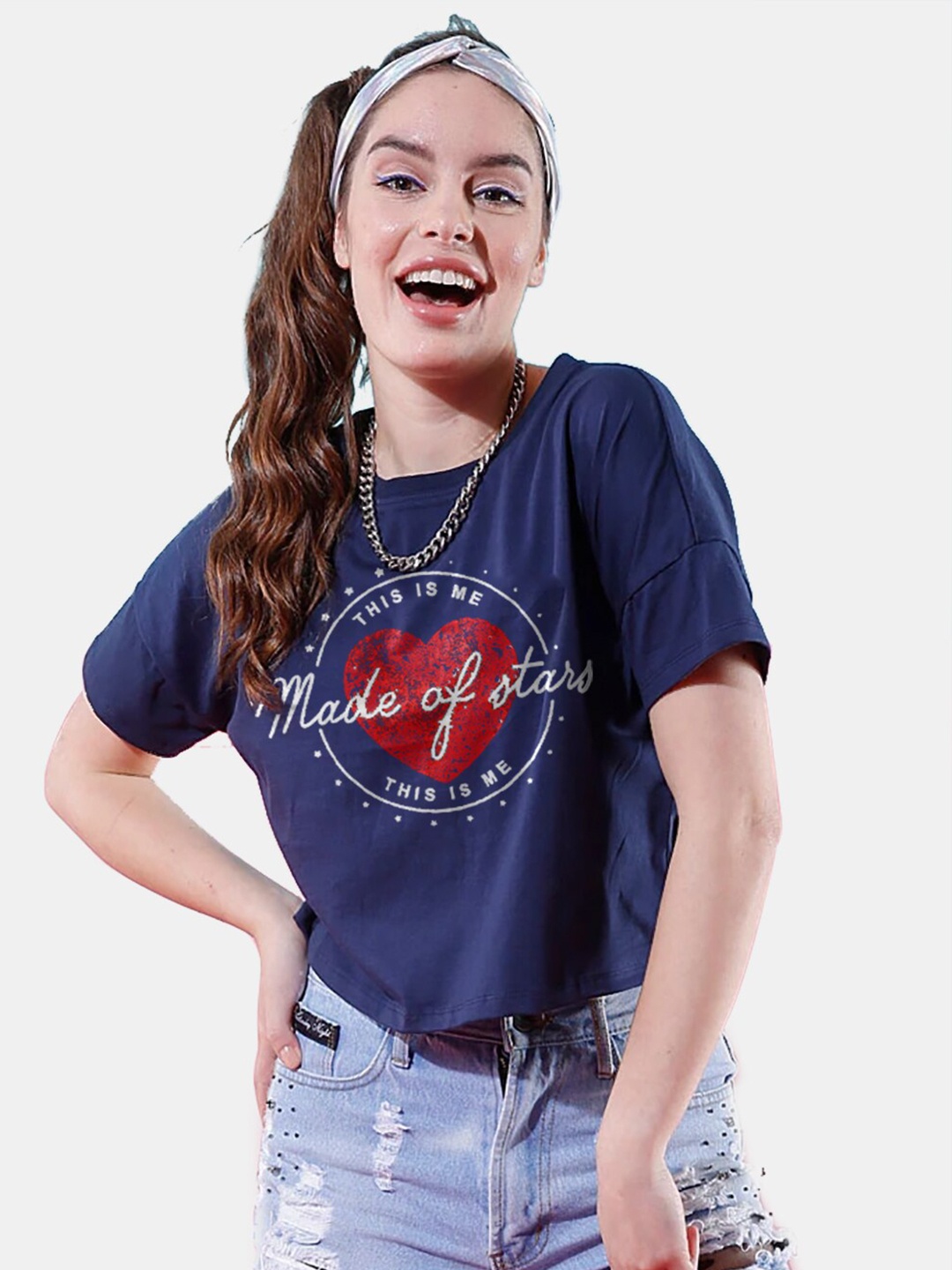 

BonOrganik Women Navy Blue Printed Extended Sleeves T-shirt
