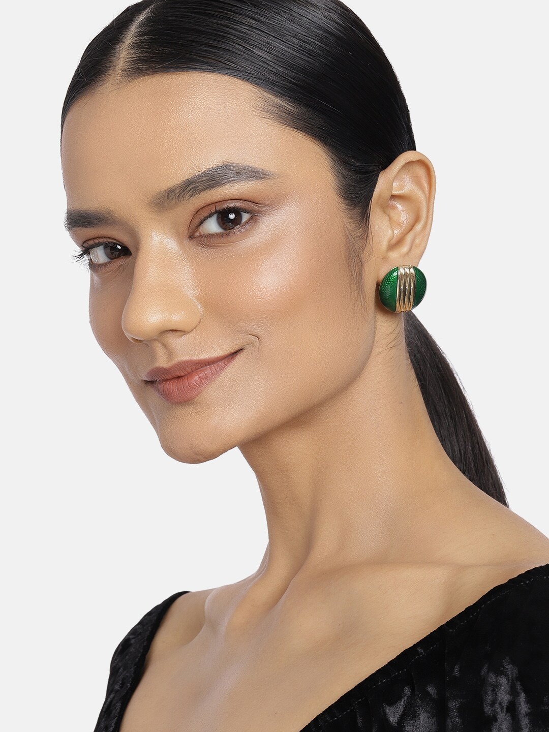 

Estele Women Gold-Toned & Green Round Fancy Studs Earrings