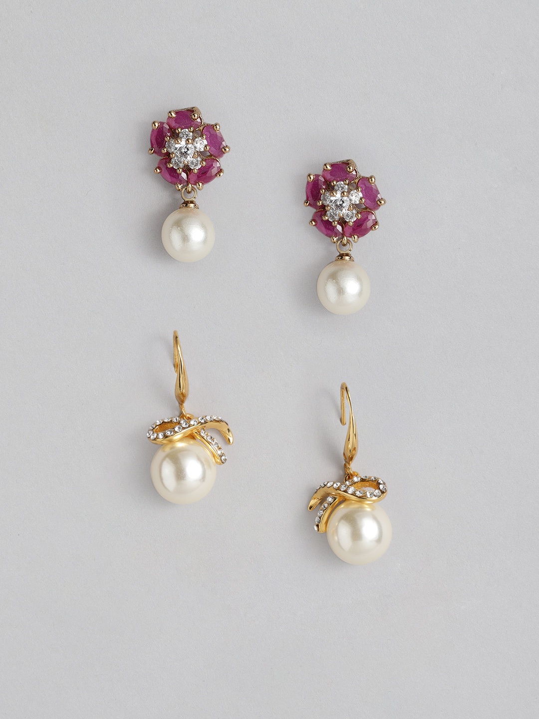 

Estele Women Set of 2 Gold-Toned & White Contemporary Drop Earrings
