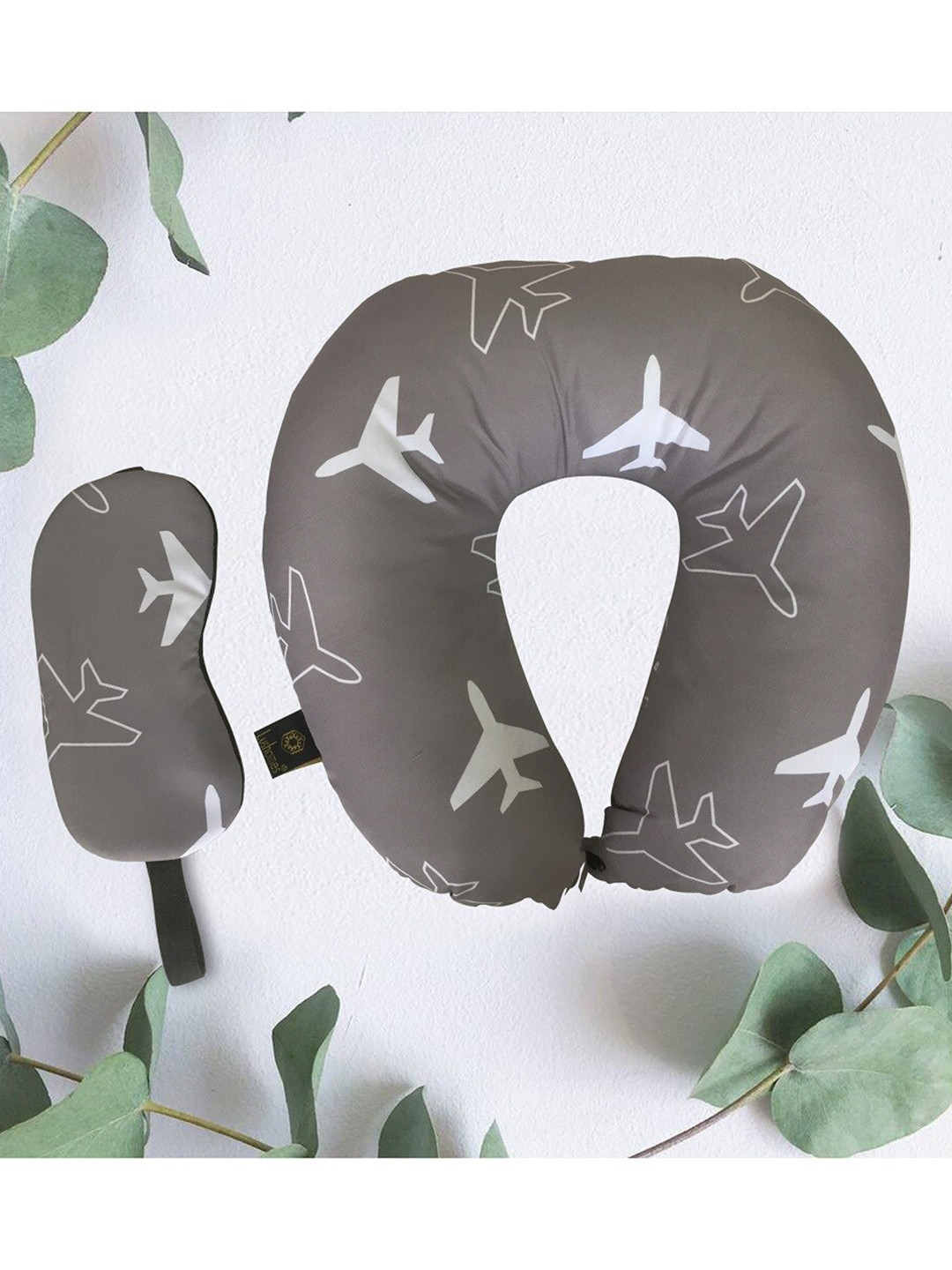 

Lushomes Grey & White Printed Travel Pillow With Eye Mask
