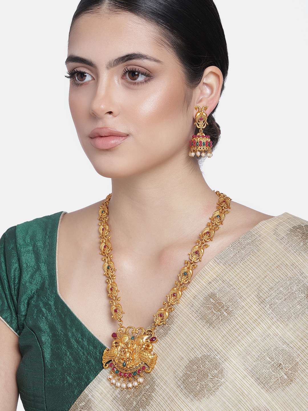 

Estele Gold Plated Blessed Lakshmi Ji & Peacocks Nakshi Temple Necklace Set