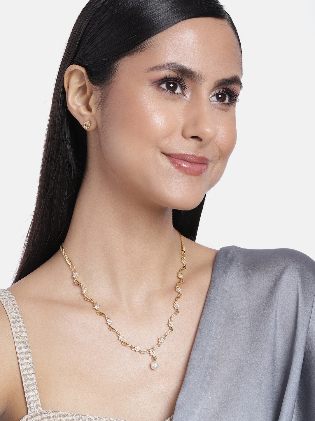 

Estele Women Gold Plated CZ Star Wave Designer Necklace Set