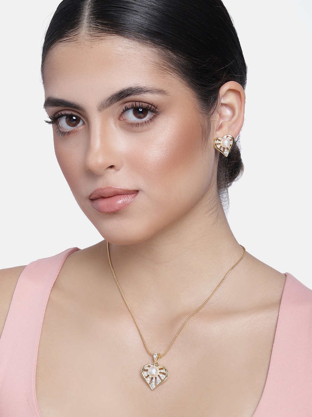 

Estele Gold & Rhodium Plated Blissful Heart Designer Jewellery Set with Pearl