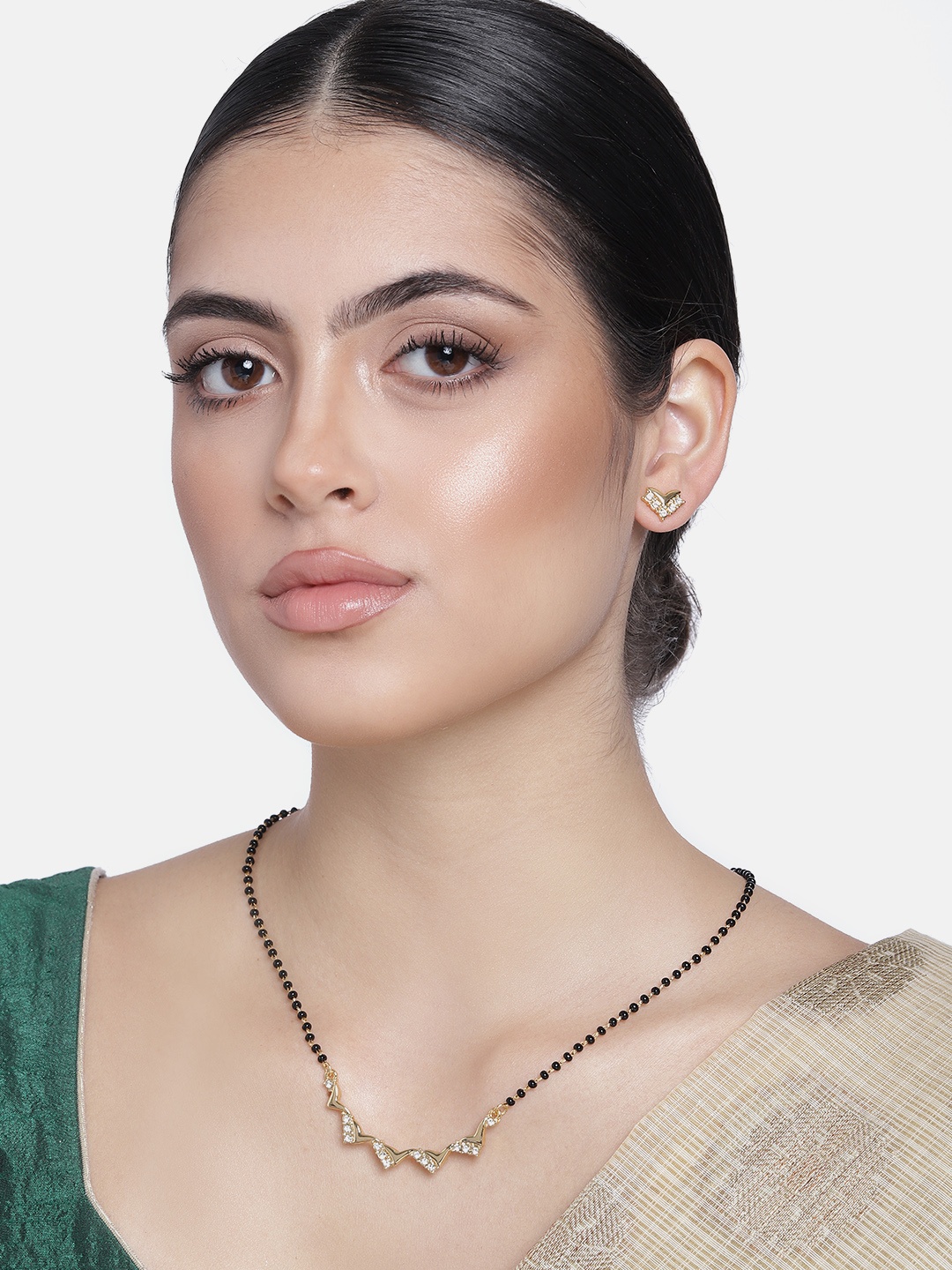 

Estele Women Gold Plated Zig-Zag Textured Mangalsutra Necklace Set With Austrian Crystals