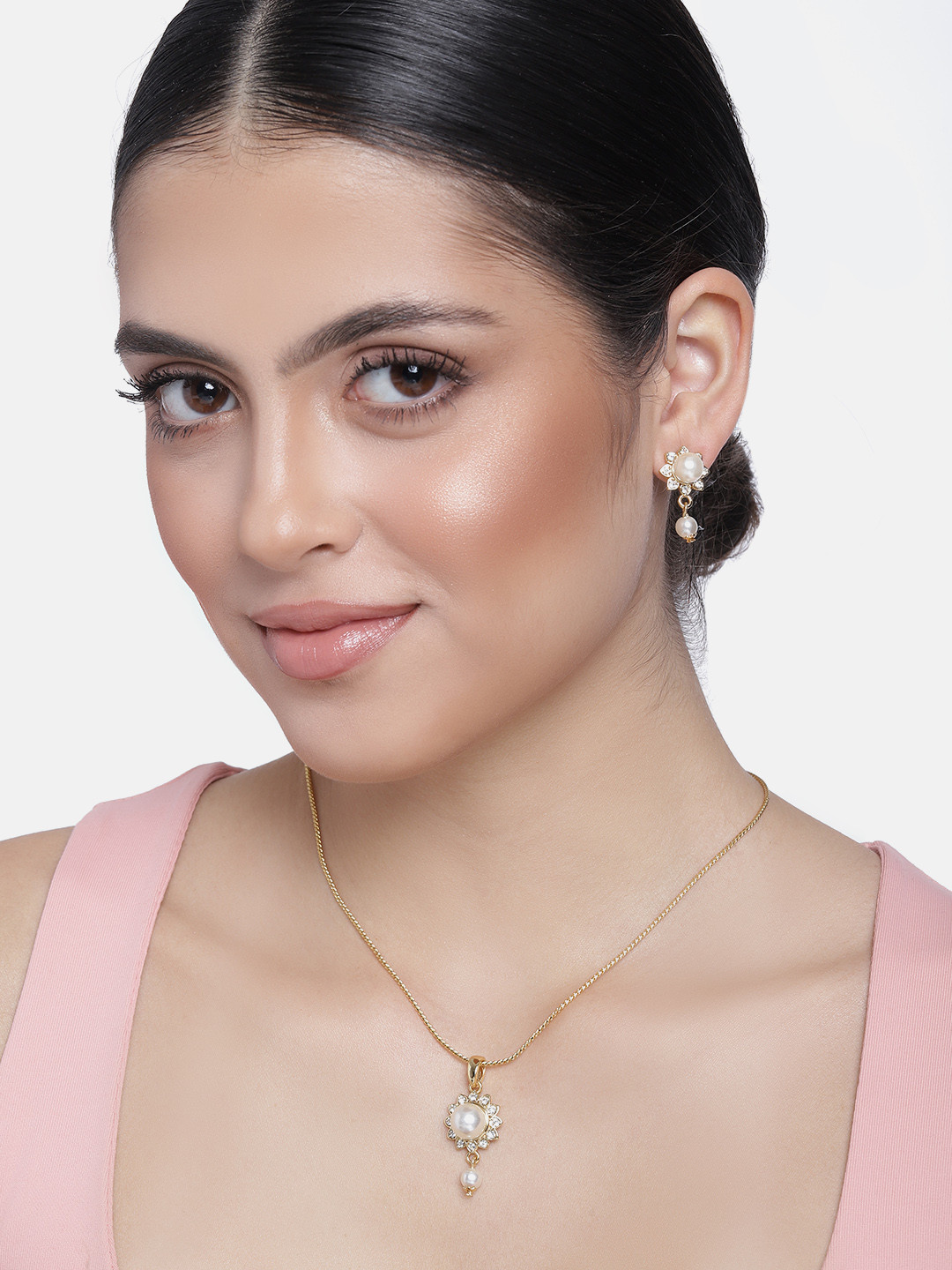 

Estele Gold Plated Eternal Flower Designer Pendant Set with Crystals & Pearls, White