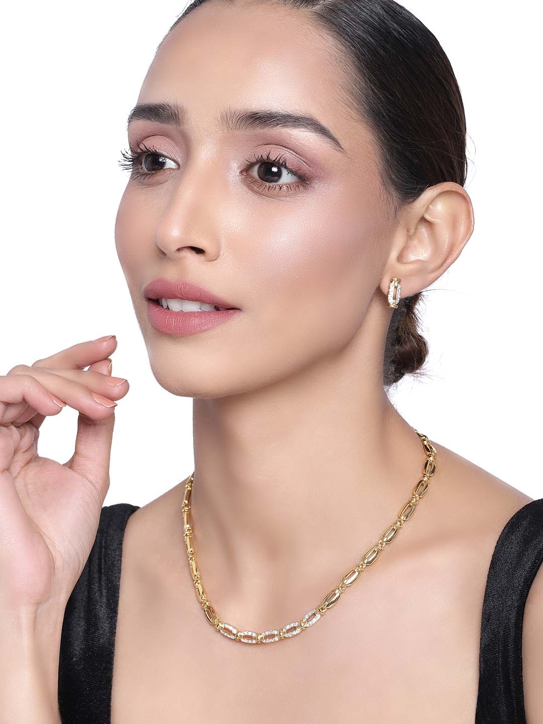

Estele Gold Plated Chain Link Designer Necklace Set with Austrian Crystal, White