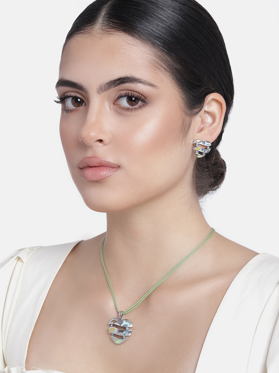

Estele Rhodium Plated Heart Pendent Set with Multicolour Enamel & Austrian Crystal, Silver