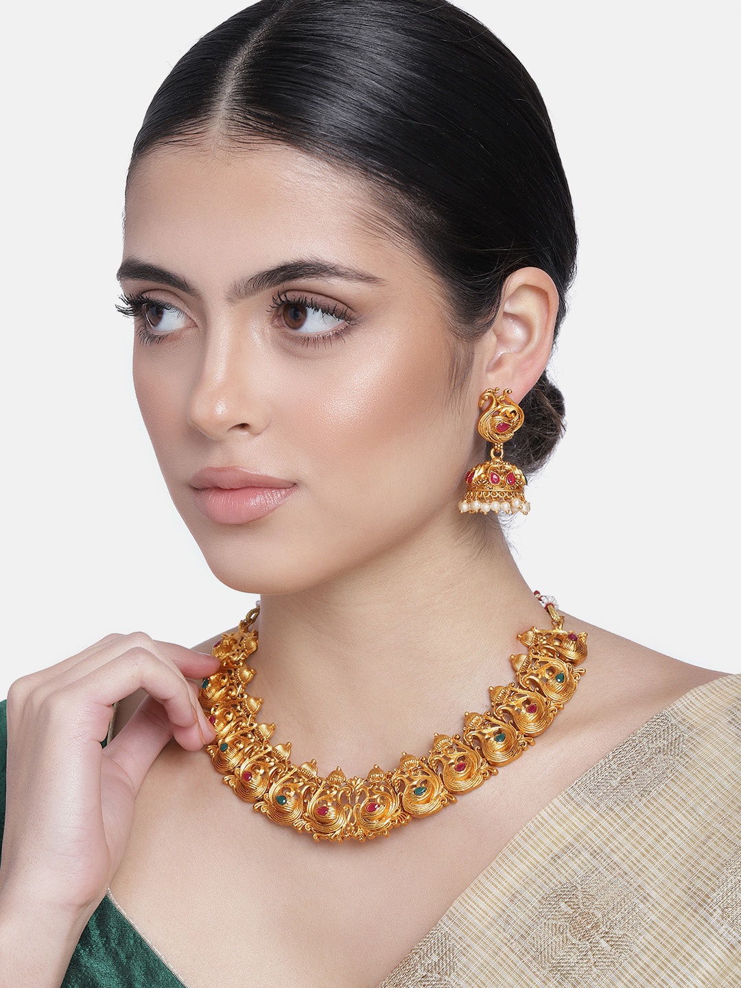 

Estele Gold Plated Holy Swans Nakshi Temple Necklace Set with Colored Stones and Pearls