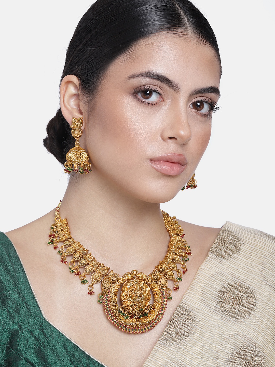 

Estele Women Lakshmi Ji & Peacocks Nakshi Temple Necklace Set, Gold