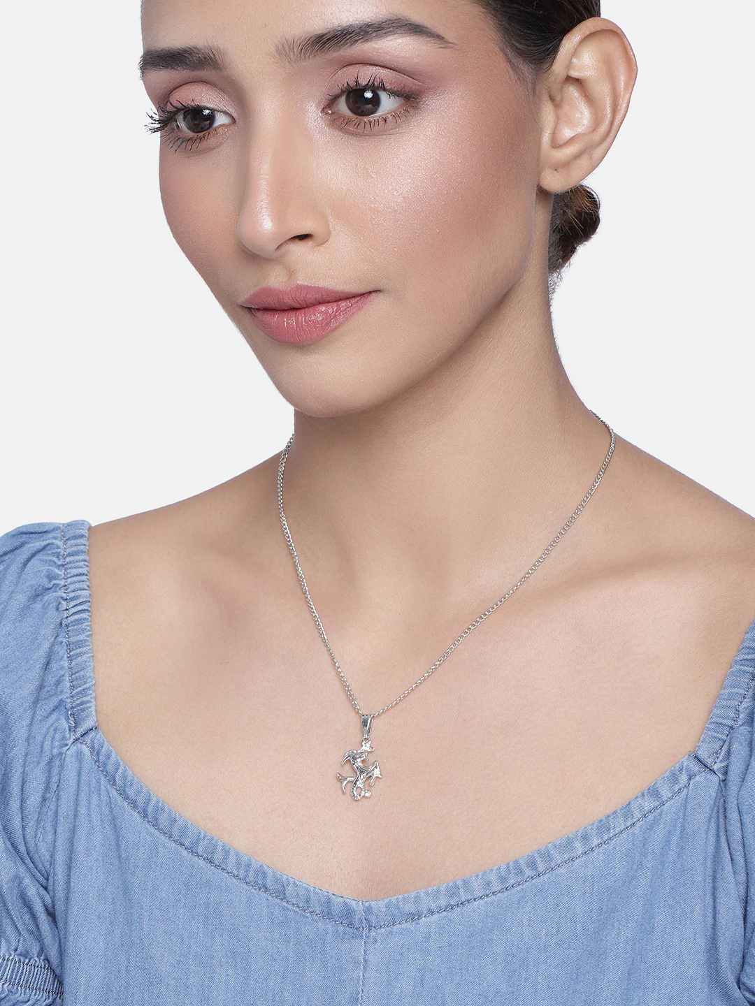 

Estele Silver-Toned Silver-Plated Capricorn Zodiac Sign Pendant Necklace