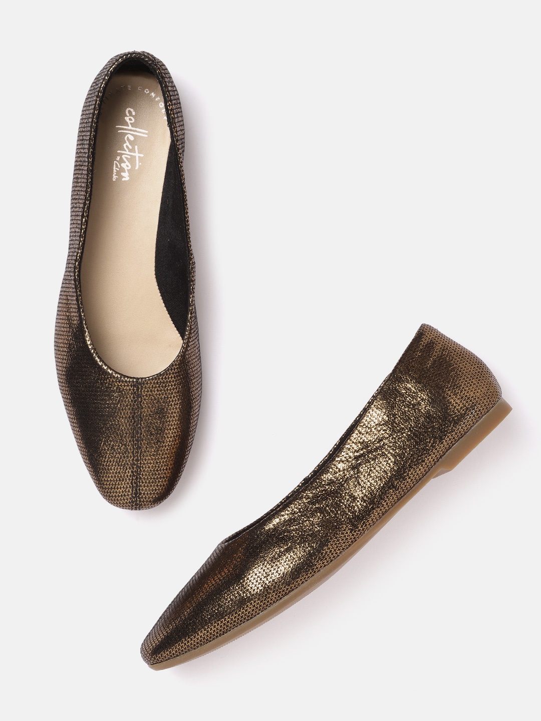 

Clarks Women Bronze-Toned Geometric Printed Shimmer Ballerinas Flats