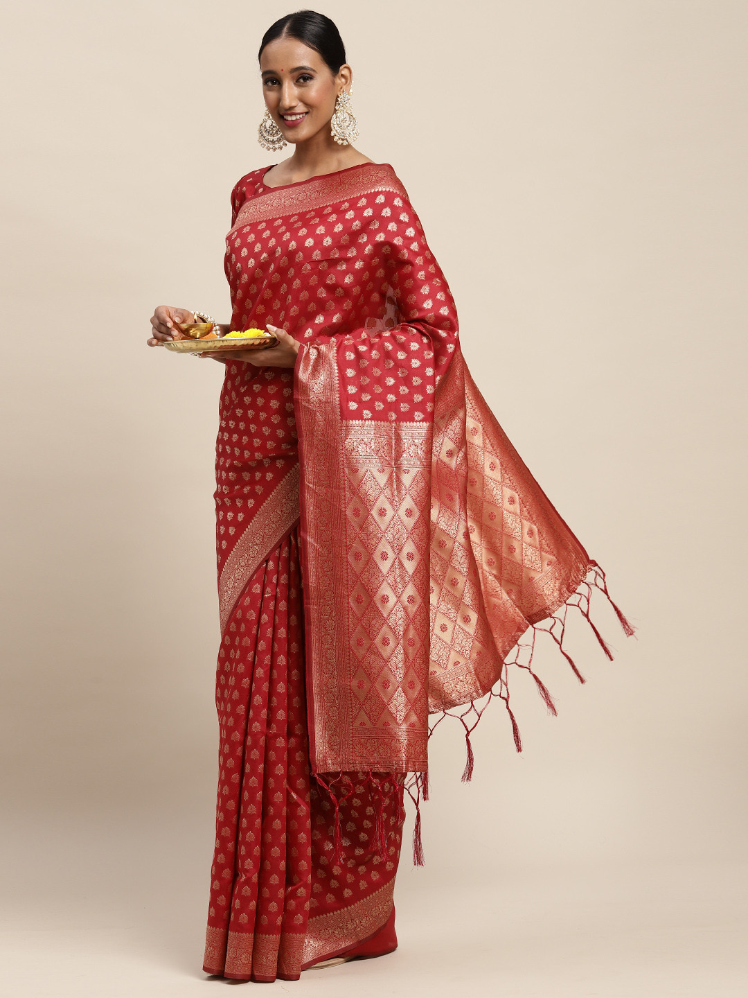 

Saree mall Red Ethnic Motifs Silk Blend Banarasi Sarees