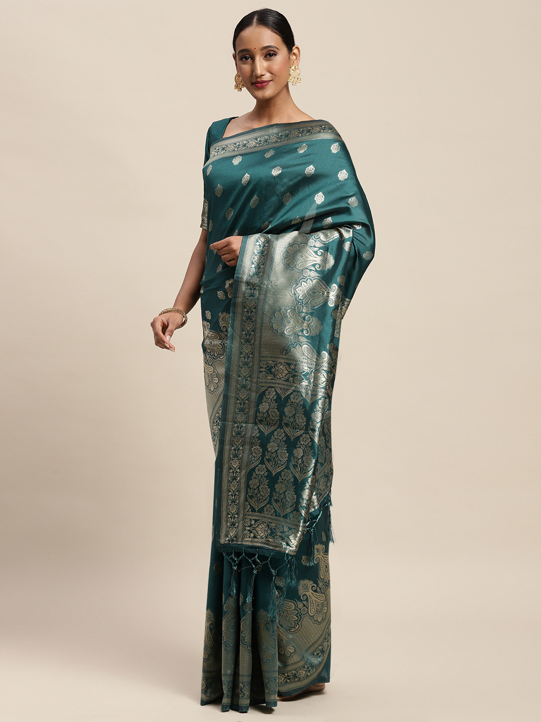 

Saree mall Teal Blue Ethnic Motifs Silk Blend Banarasi Sarees
