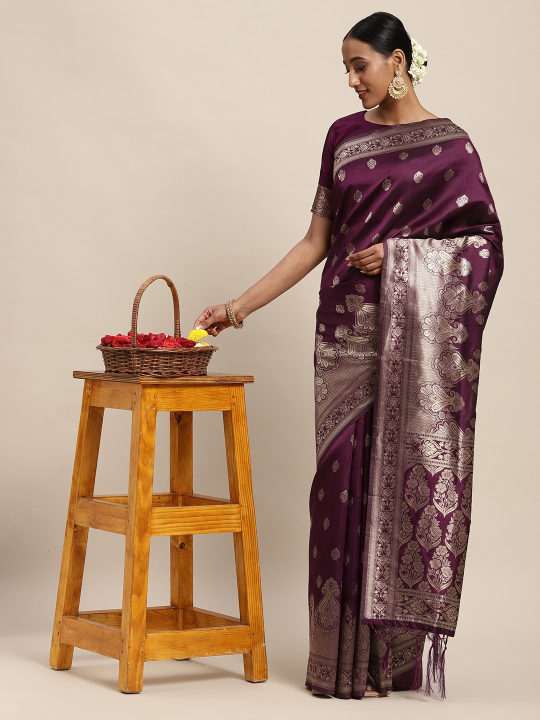 

Saree mall Purple Ethnic Motifs Silk Blend Banarasi Sarees