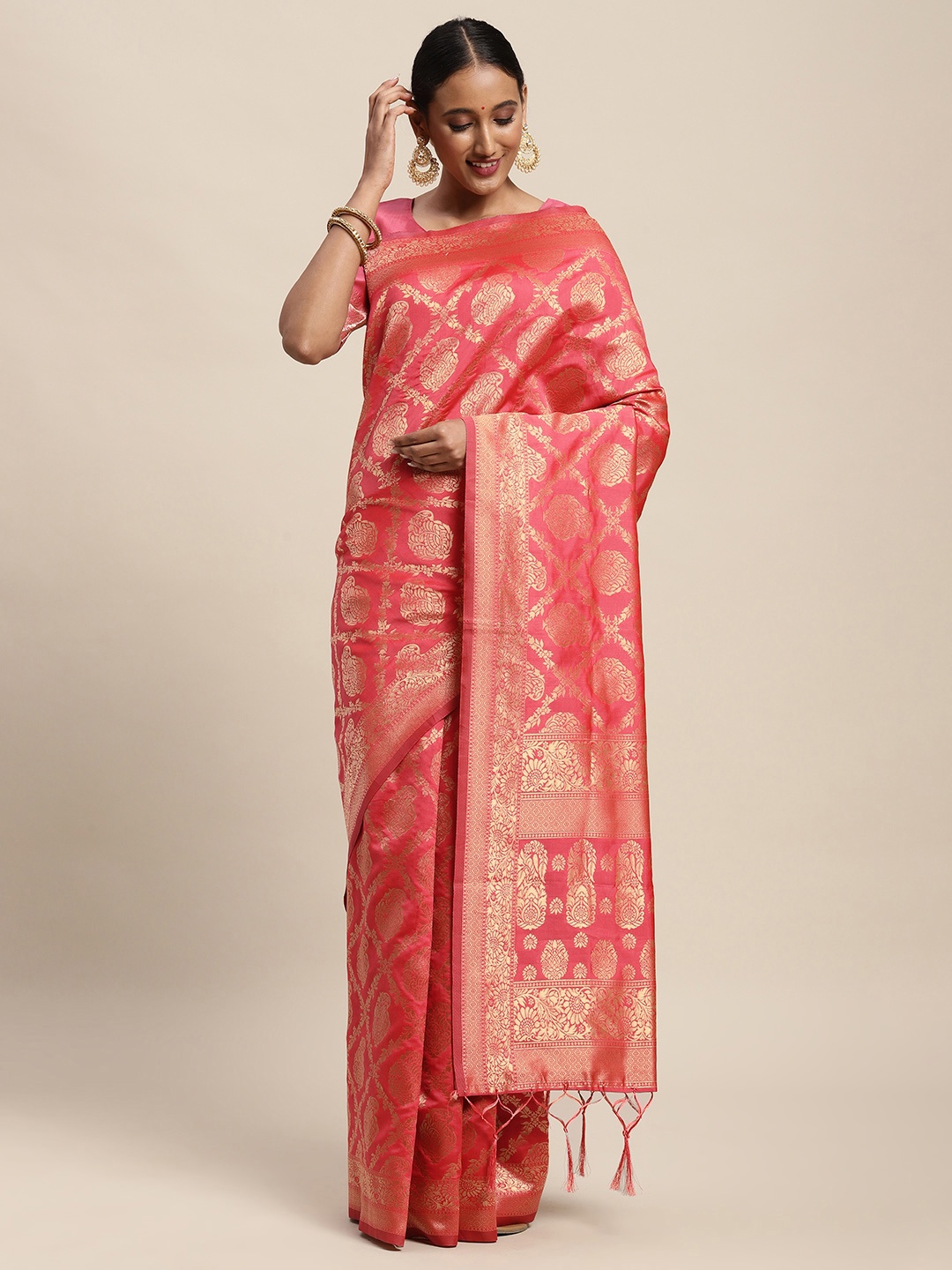 

Saree mall Pink Ethnic Motifs Silk Blend Banarasi Sarees