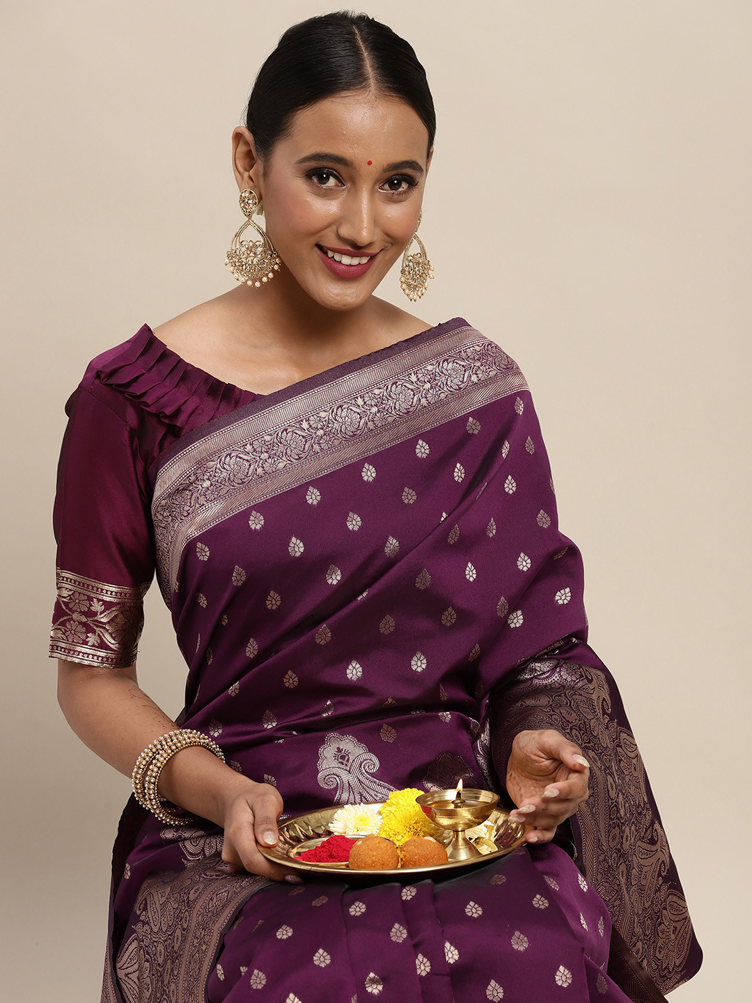 

Saree mall Purple Ethnic Motifs Silk Blend Banarasi Saree