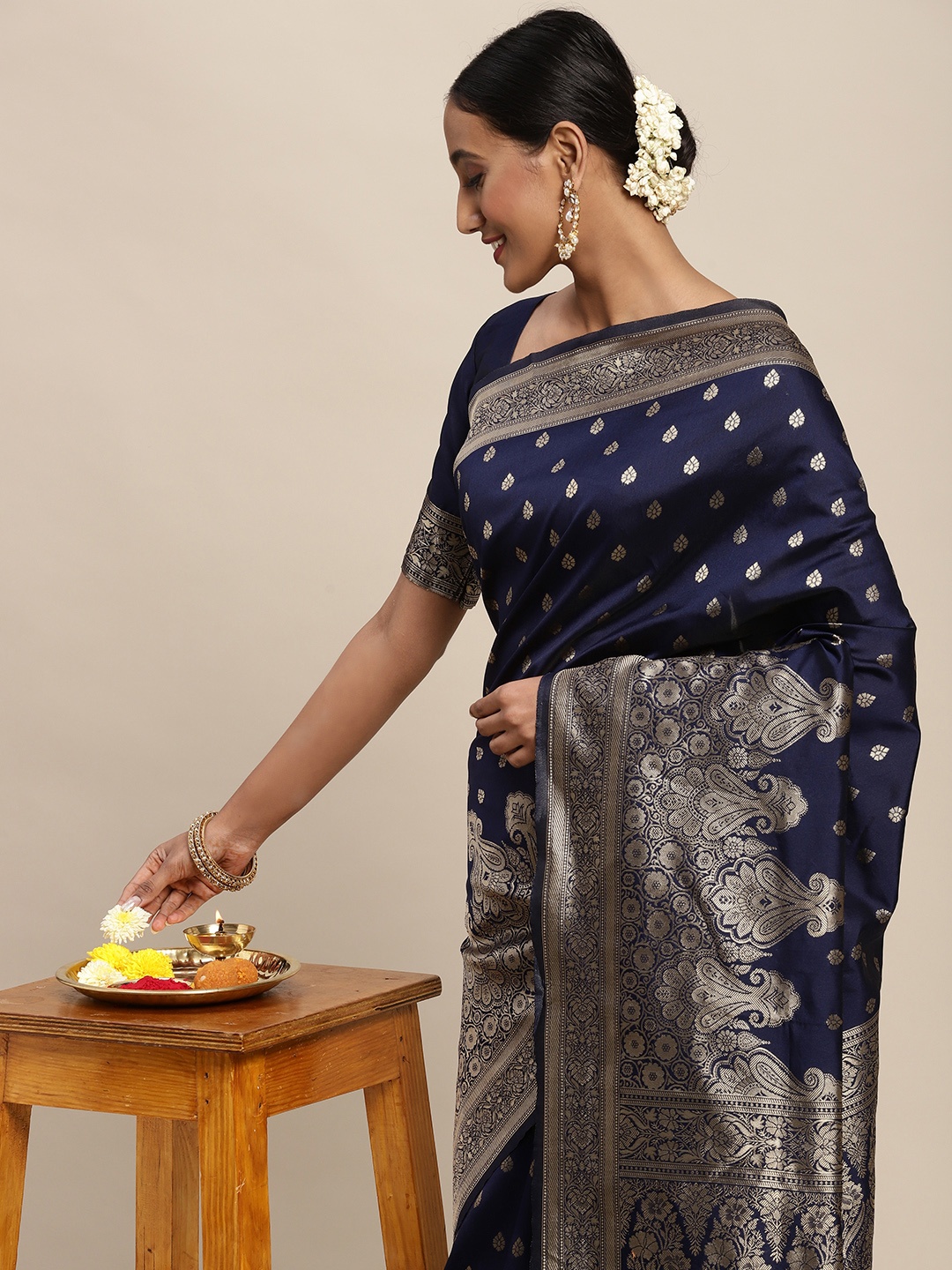 

Saree mall Navy Blue Ethnic Motifs Silk Blend Banarasi Sarees