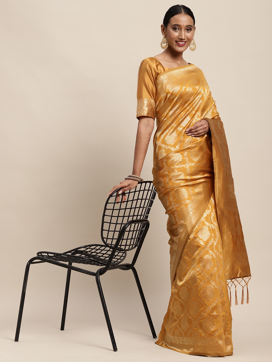 

Saree mall Mustard Yellow Paisley Silk Blend Banarasi Saree
