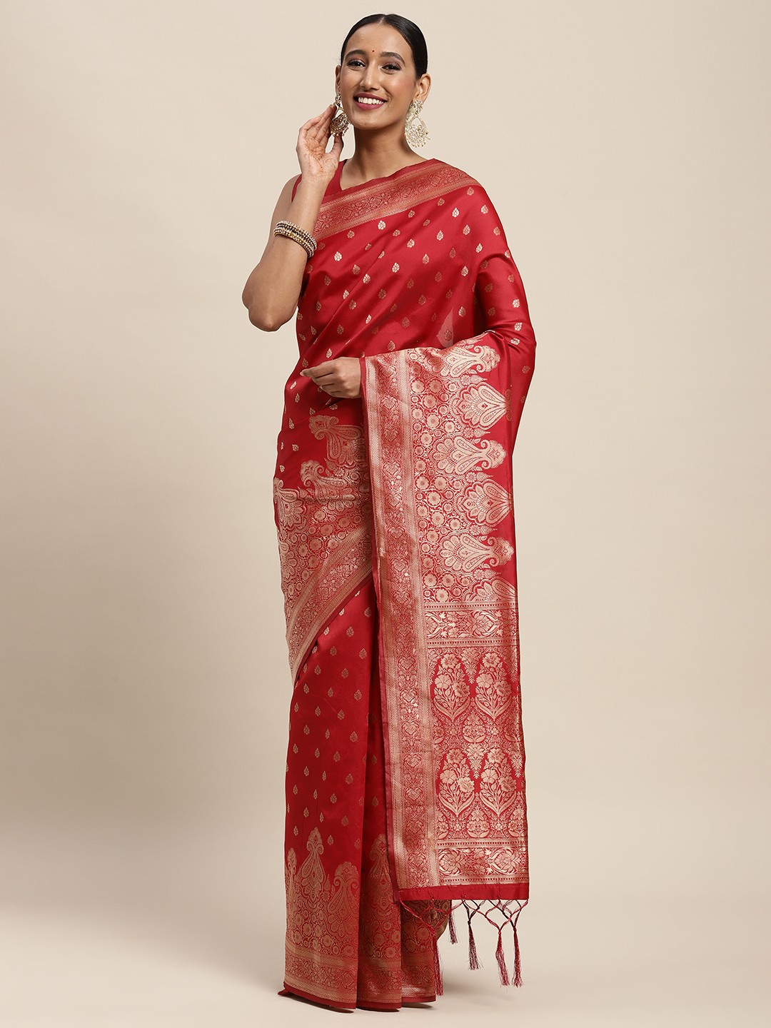 

Saree mall Red Ethnic Motifs Silk Blend Banarasi Saree