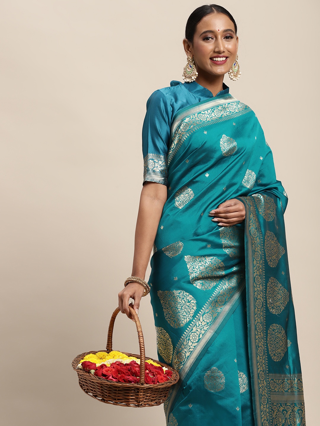 

Saree mall Blue Ethnic Motifs Silk Blend Banarasi Sarees