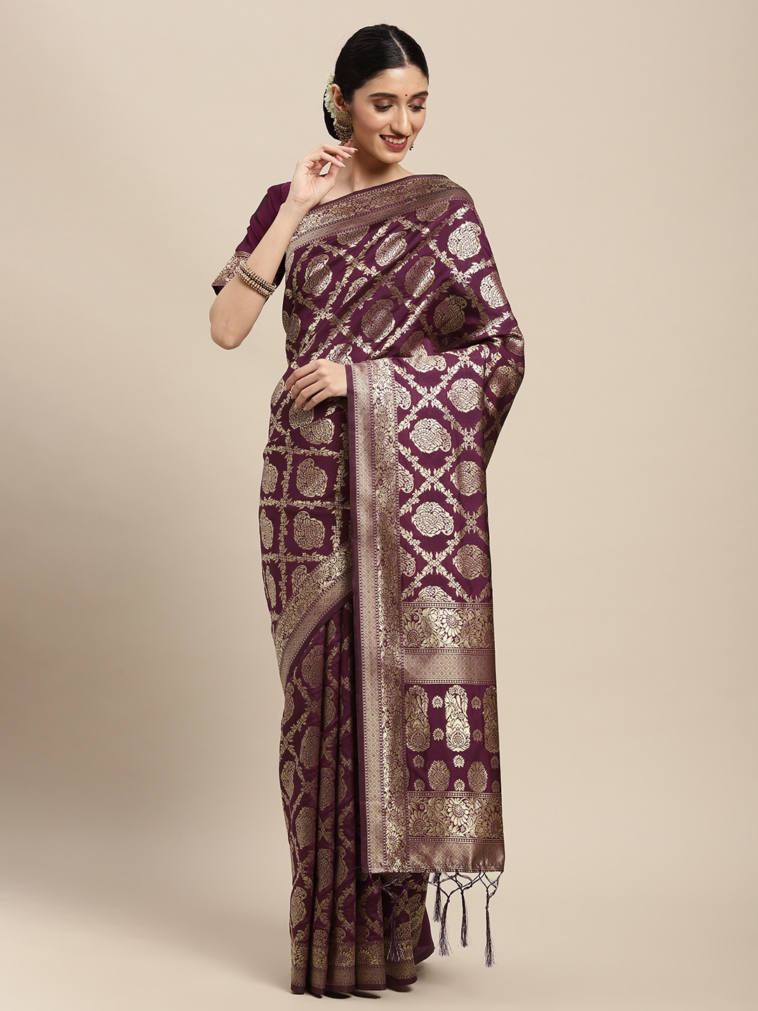 

Saree mall Purple Paisley Silk Blend Banarasi Saree