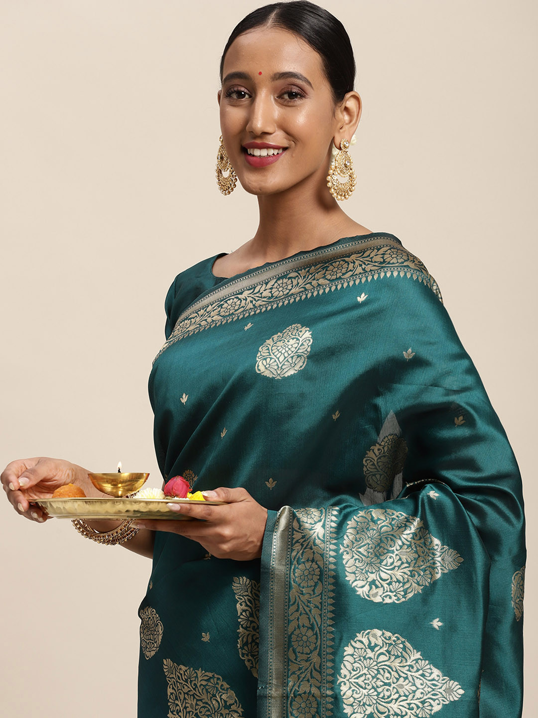 

Saree mall Teal Blue Ethnic Motifs Silk Blend Banarasi Sarees