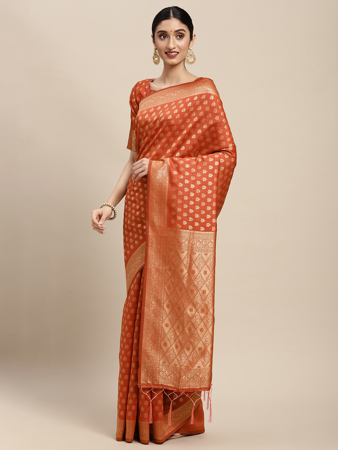 

Saree mall Orange Ethnic Motifs Silk Blend Banarasi Saree