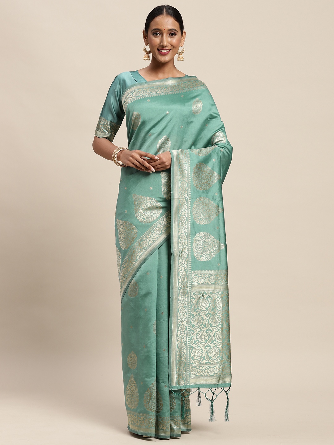 

Saree mall Sea Green Ethnic Motifs Silk Blend Banarasi Sarees