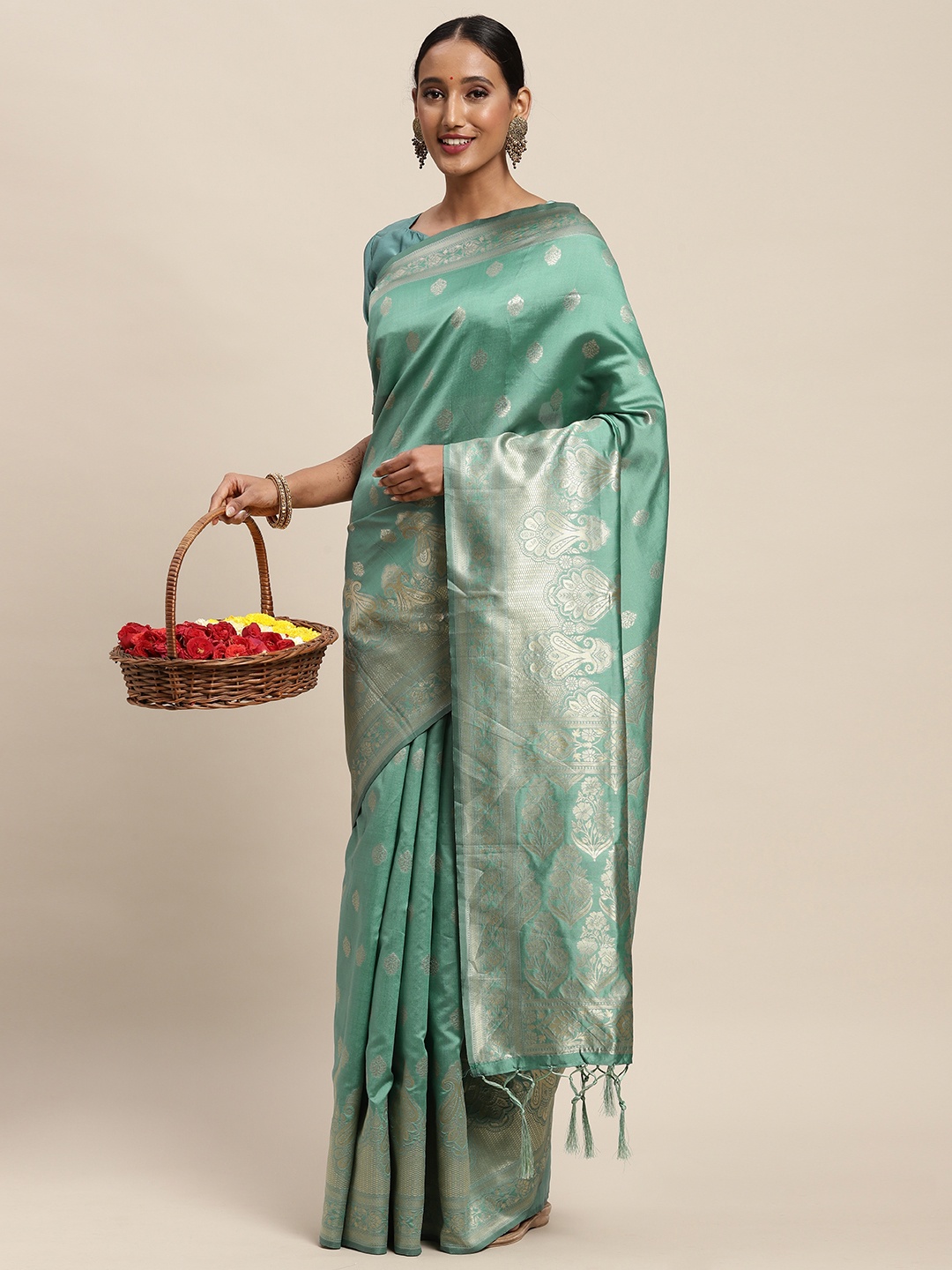 

Saree mall Sea Green Ethnic Motifs Silk Blend Banarasi Sarees