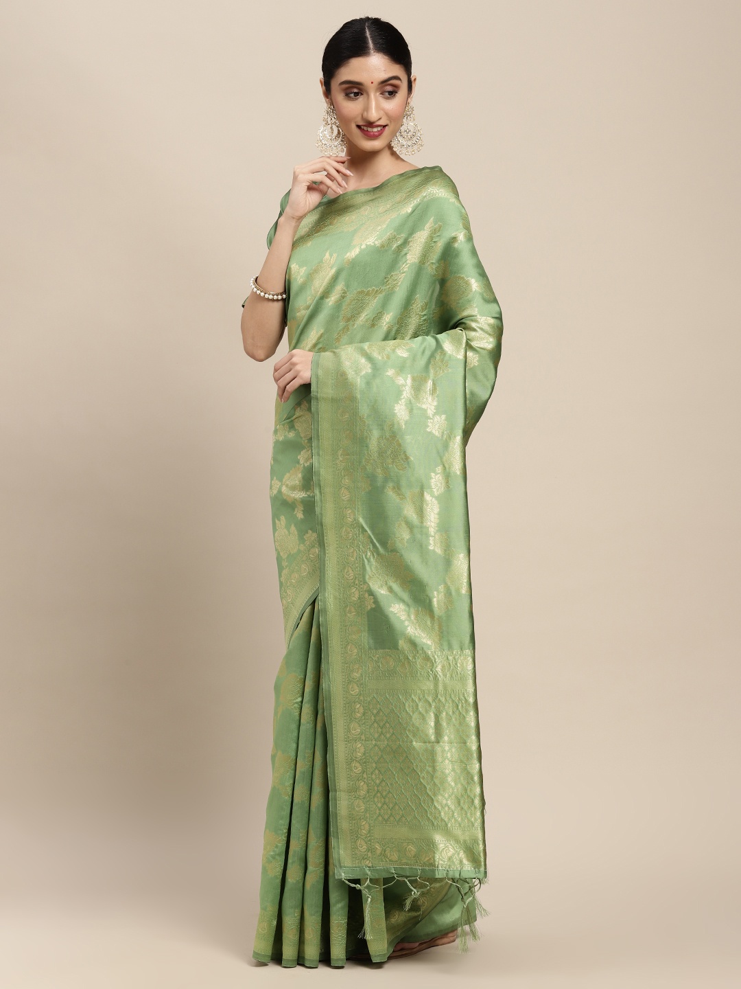 

Saree mall Green Floral Silk Blend Banarasi Saree